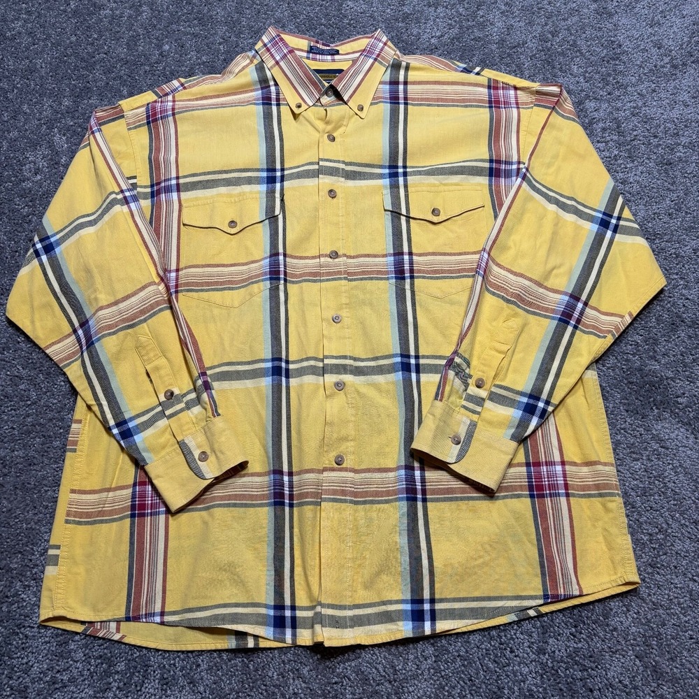 Vintage Panhandle‎ Slim Work Shirt Mens XL Yellow Plaid Pockets Button Down 90s